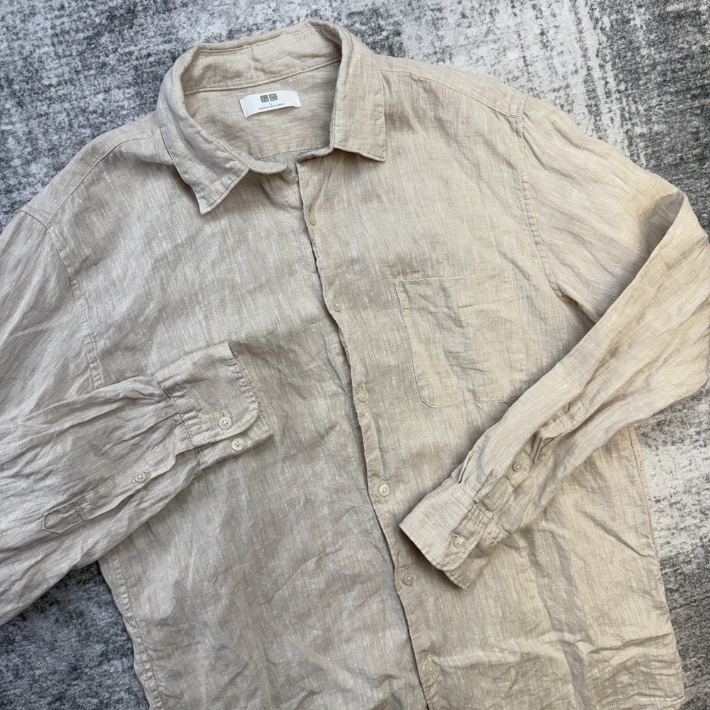 Uniqlo Shirt Mens Large Beige 100% Linen Button Up Breathable Coastal Resort